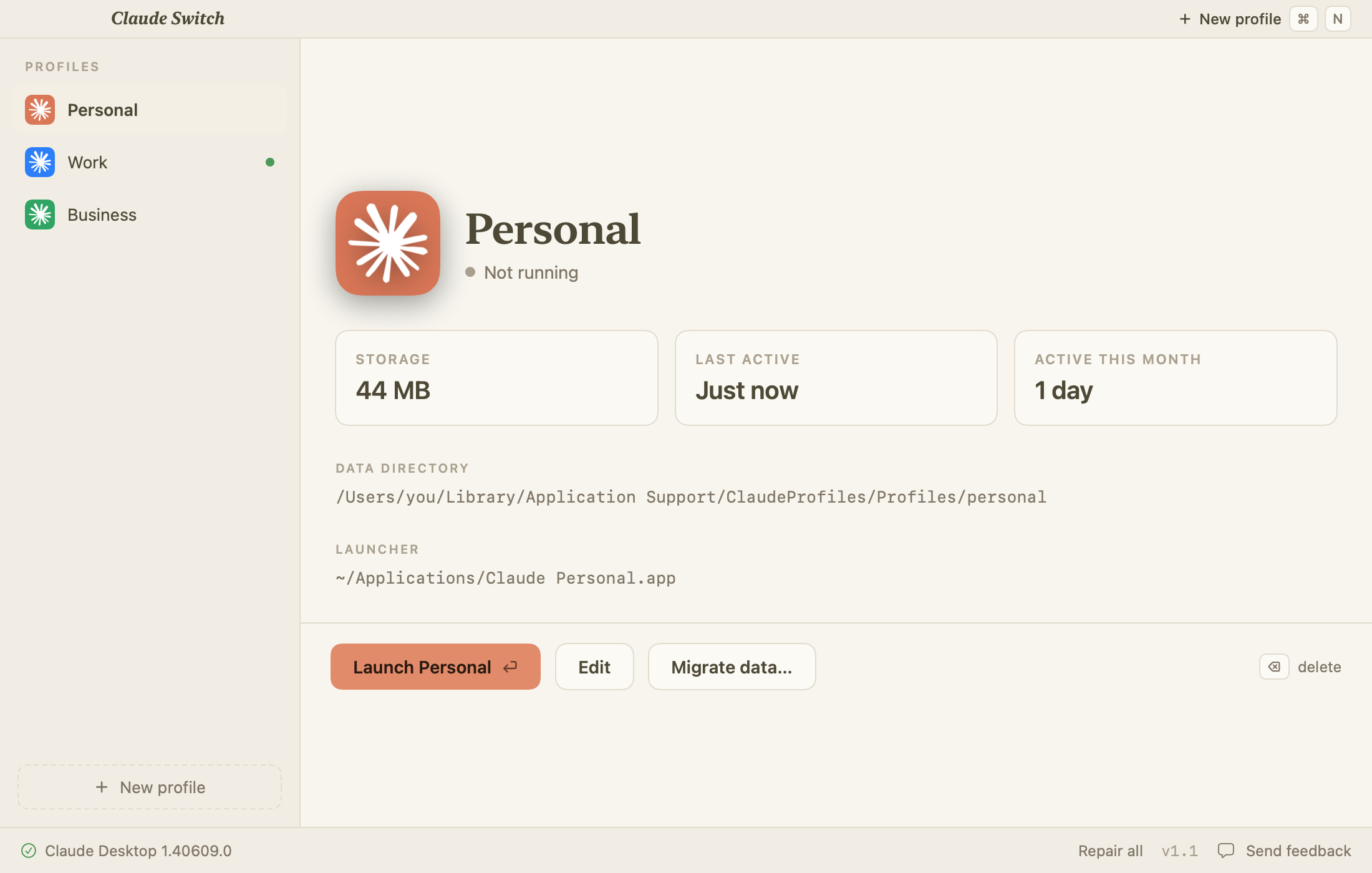 Claude Switch on macOS: a sidebar with Personal and Work profiles, each with its own colored icon